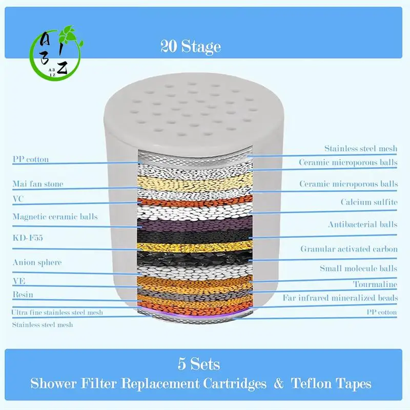 

A31Z-5 Сменный душевой фильтр для ПК, 20-ступенчатый фильтр для насадки для душа для жесткой воды, высокопроизводительный фильтр для воды для душа