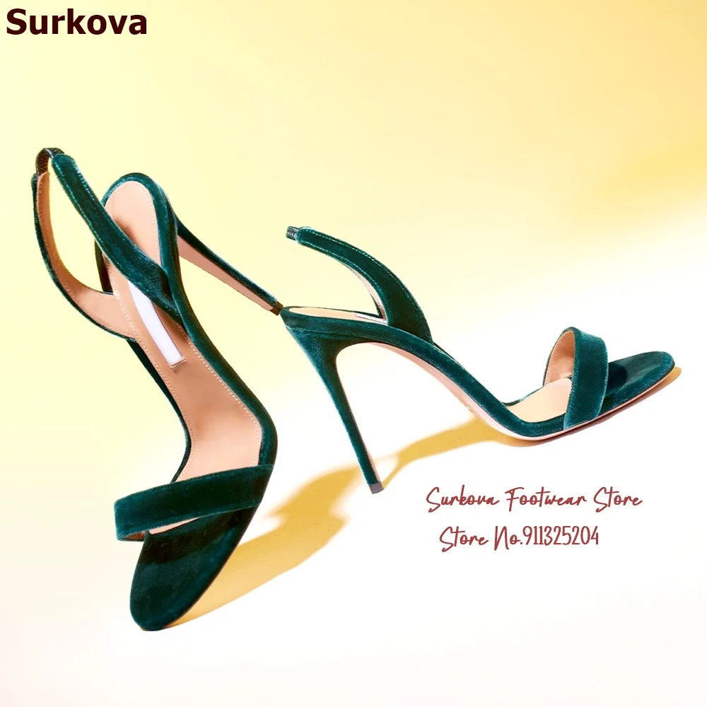 Surkova Dark Green Red Velvet Thin high Heel Sandals Single Band Elastic Slingback Dress Pumps Slip-on Evening Shoes Size46