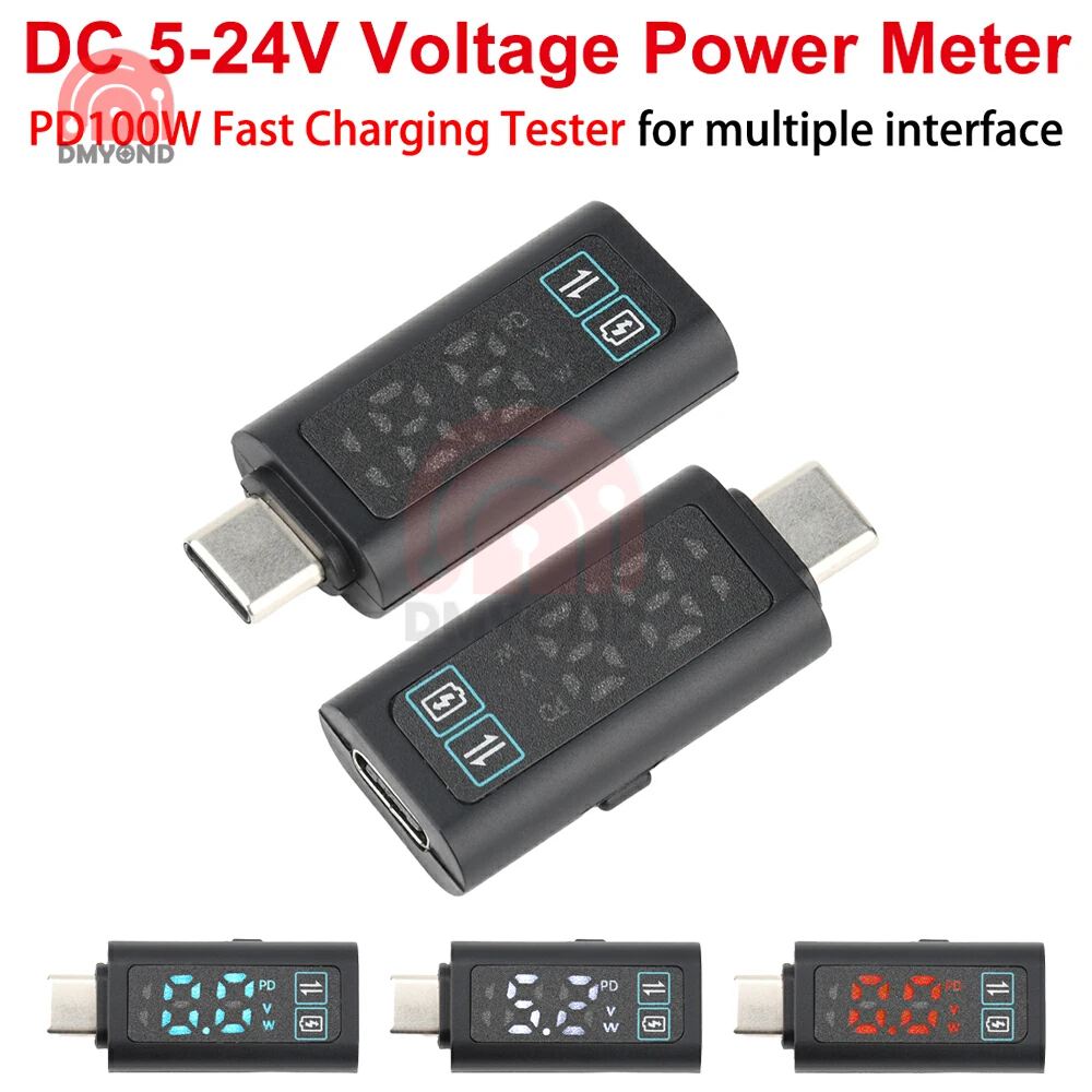 

DC 12V 2A Voltmeter Power Meter Digital Conversion Head PD100W Fast Charging Adapter USB Type-C Connector Data Transmitter