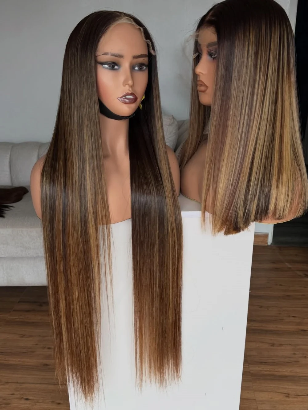 30Inch 13X4 Straight Lace Frontal Wigs Light Ombre Brown Highlights Pre-pluck Soft Short Bob Wig High Temperature Cosplay Wig