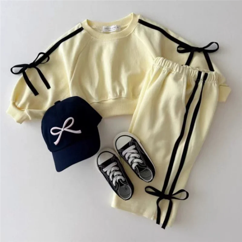 2024 Spring New Kids Clothing Sets Children Long Sleeve Suits Baby Girls Bow Sweatshirt+Pants 2Pcs Toddler Versatile Outfits