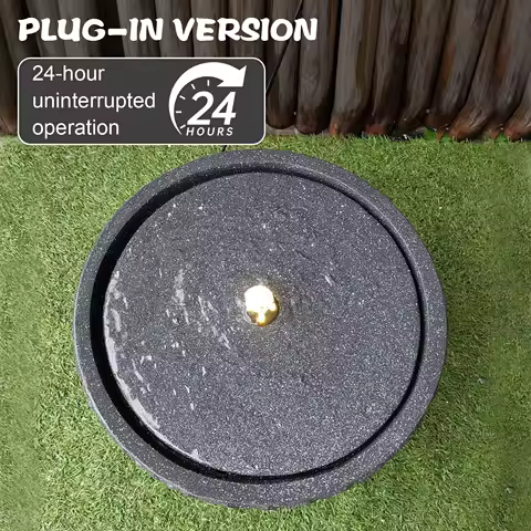 14 Inch Plug-in Water Fountain Patio Fountain Round Stone with LED Lights &amp; Pump for Garden Patio Deck Porch
