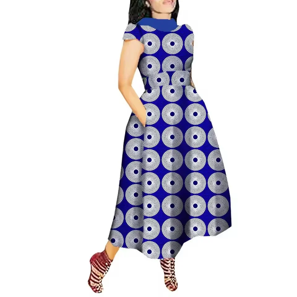African Maxi Dress for Women Private Custom V-Back Short Sleeve Turn-down Collar Plus Size Casual Dress Ankara Attire Party Prom