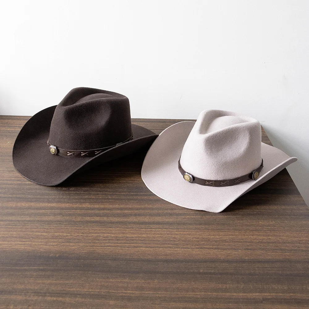 

Autumn and Winter Warm and Fashionable Casual Rivet Belt Decoration Large Brim Warped Edge Men's and Women's Wool Cowboy Hat Outdoor Hat