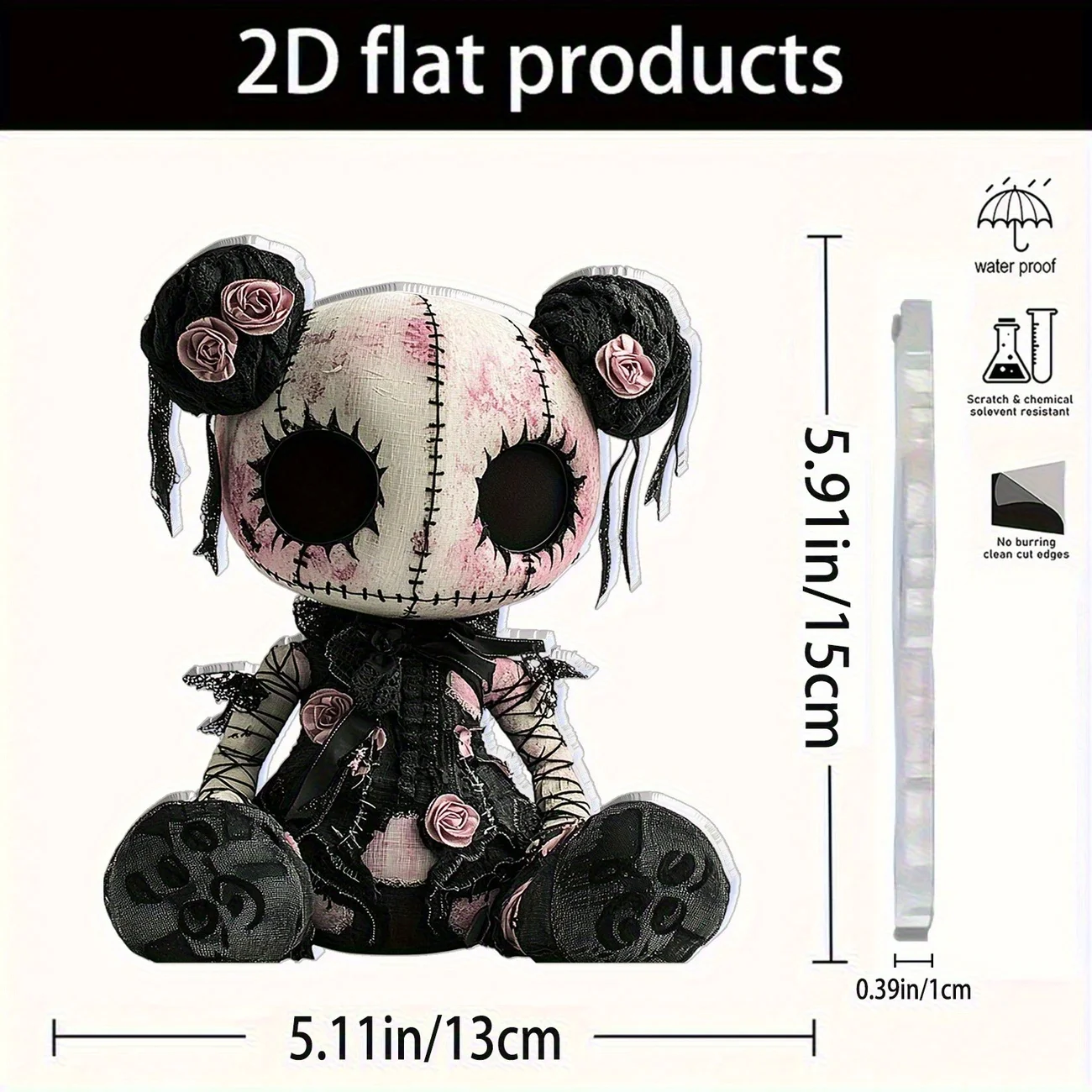 Gothic Horror Doll Vinyl Decoration - Skull & Roses 2D Art for Halloween & Cafes
