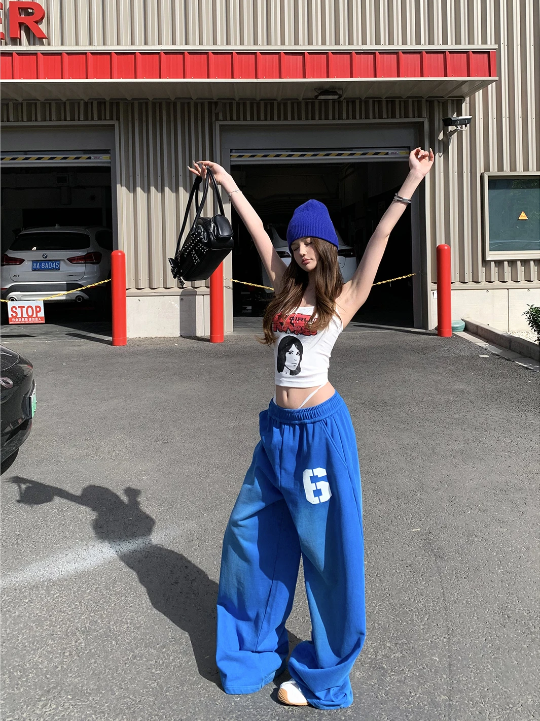 

Spor Casual Two-Piece Set Letter Print Spicy Girl Women's Blue Trasuit Wide Leg Pants High Waist ort Top Trendy Outfit