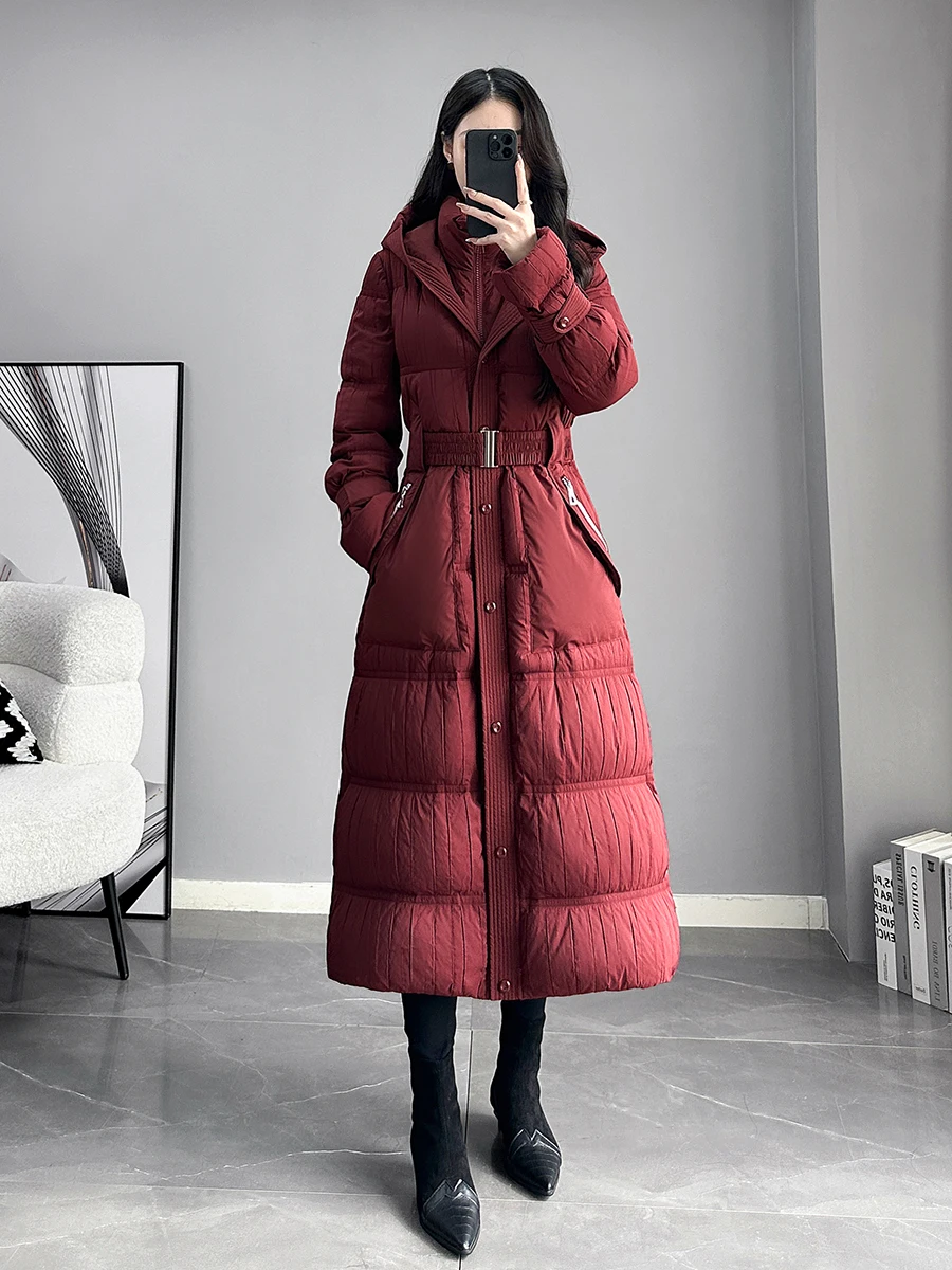 

Ele Long Hooded down Jaet Women's Thiened Waist-Cinching Outerwear Knee-Length Red Color Winter New Sle Commute Sle