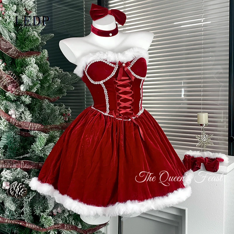 

Autumn Winter New Red Velvet Fluffy Splicing Women's Dress Christmas Clothing Sweet Cool Sexy Tube Top Lolita Dresses Ladies