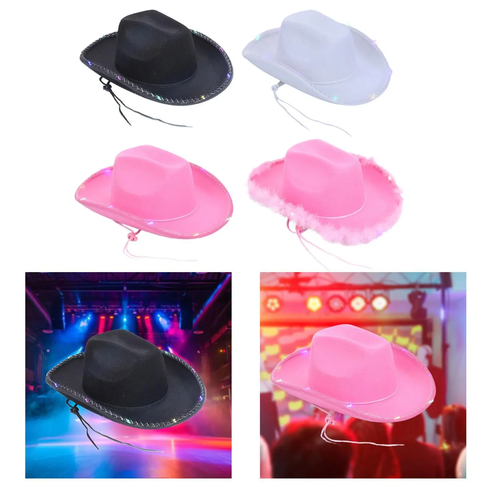 Women Cowgirl Hat Lighted with Wind Lanyard Decorative Lightweight Stylish Headwear for Party Favors Cosplay Wedding Women Gift