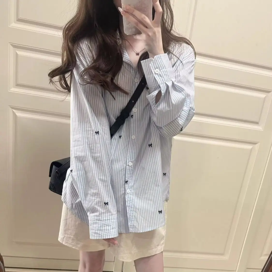 

Blue Striped Long Sleeved Printed Shirt Spring Autumn Casual Commuting Single Breasted Tops Sweet Chic Fashion Clothes for Women