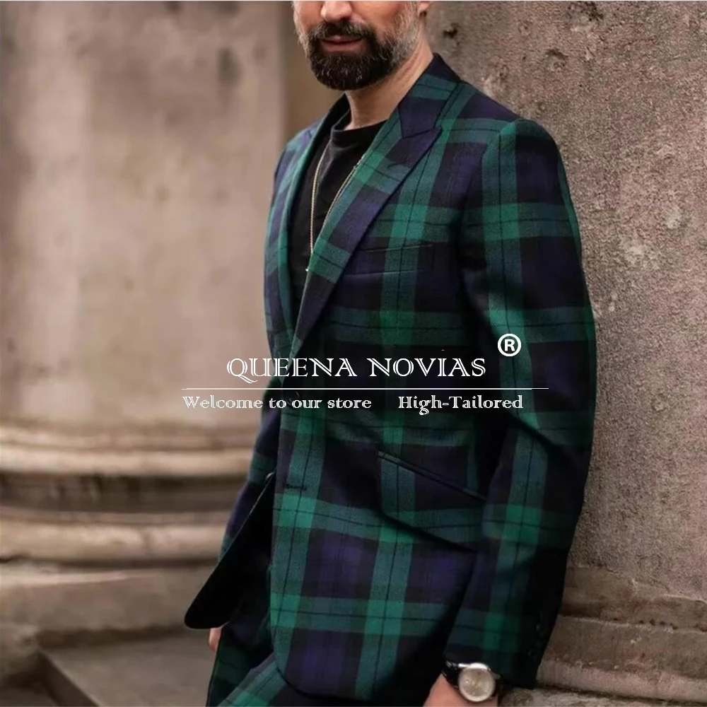 Classic Green Plaid Check Suits Men Formal Business Party Prom Blazer Customized Italian Designer Groom Wedding Tuxedos 2 Pcs