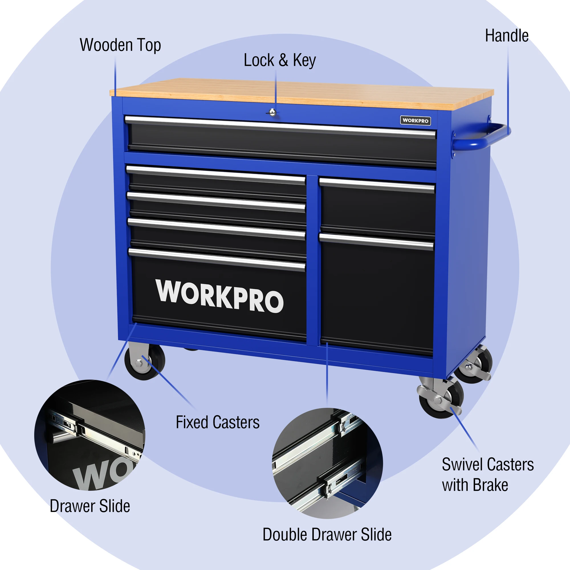 WORKPRO-Armário de armazenamento de ferramentas rolantes espessadas, Gabinete de ferramentas removíveis, 7 gavetas, 42 in