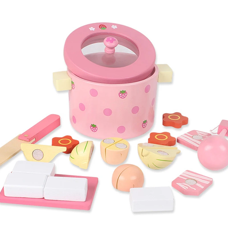 Kids Kitchen Toys Mother Garden Strawberry Simulation Vegetable Hot Pot Kitchen Prentend Play Food Set Wooden Toy For Girls Gift