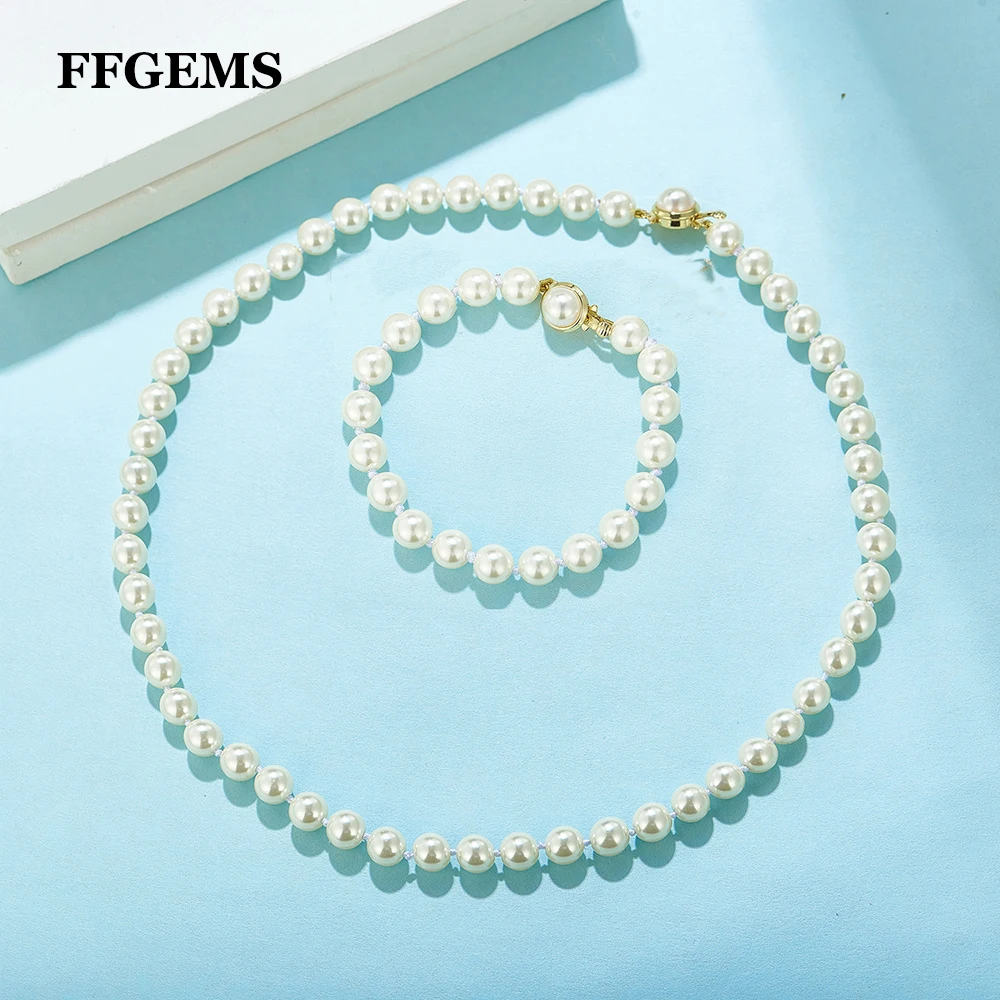 FFGems Newest Knotting White Glass Pearl 8mm 18inch Necklace and Bracelet with Earring Set Wedding Party for Women Gift With Box