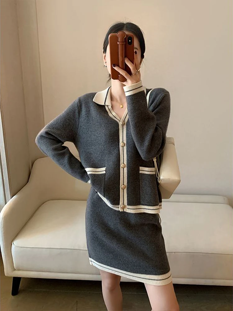 Autumn Winter New Small Fragrant Style Two Piece Set Women Contrast Long Sleeve Knitted Shirt A-line High Waist Half Skir