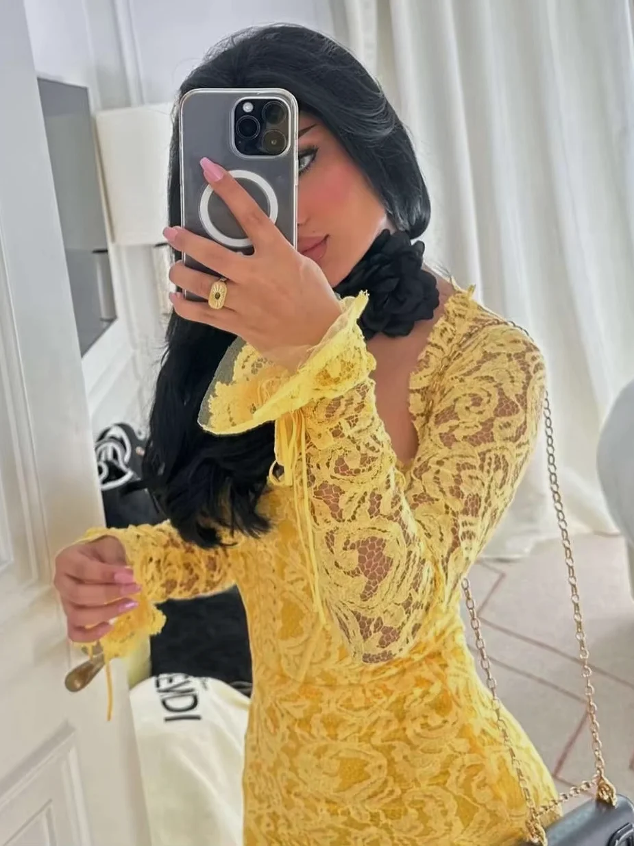 Oisslec Yellow Lace Prom Dresses Sexy Square Neck Cocktail Party Women Wear Long Sleeves Birthday Formal Occasion Gowns