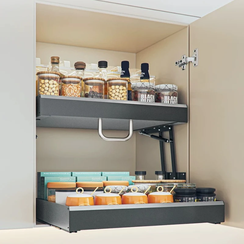 

Выдвижная полка для специй для кухонного шкафа, прочная подъемная корзина, вместительный органайзер под полкой, ящик для хранения с плавным скольжением