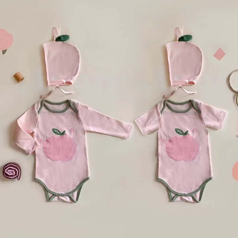 

Summer Autumn Baby Girl Clothes Newborn Romper with Hat Pink Peach Print Long Sleeves Cotton Playsuit for 0-24M Kids