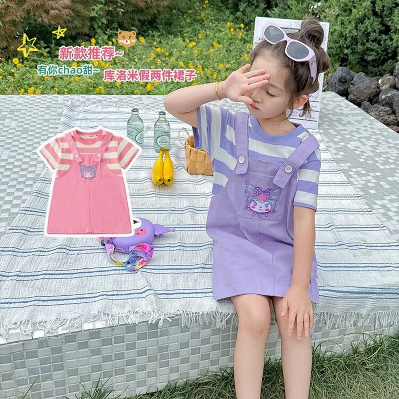 

2024 2Pcs Kawaii Sanrio Kuromi Girls Dress Summer Sweet Cute Cartoon Anime Children Princess Skirt Korean Tide Gift for Kids