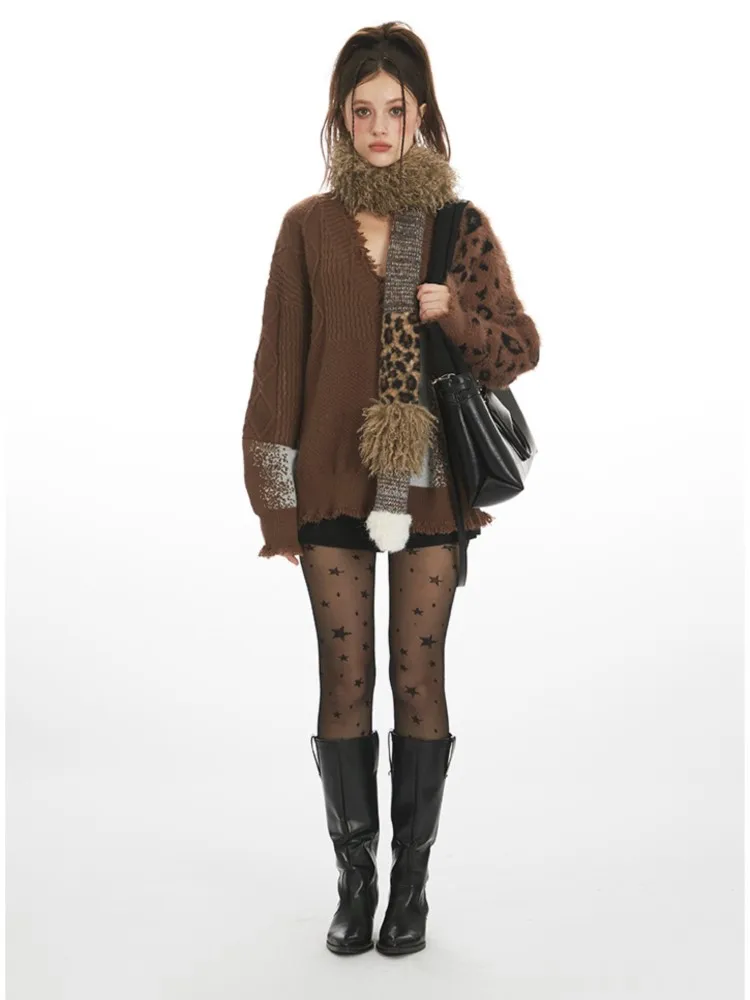 2025 Casual Cardigan Commuting Sweater Pulls Femmes Woman Clothing Long Sleeve Tops Homewear Loose Fashion Leopard Print Knitted