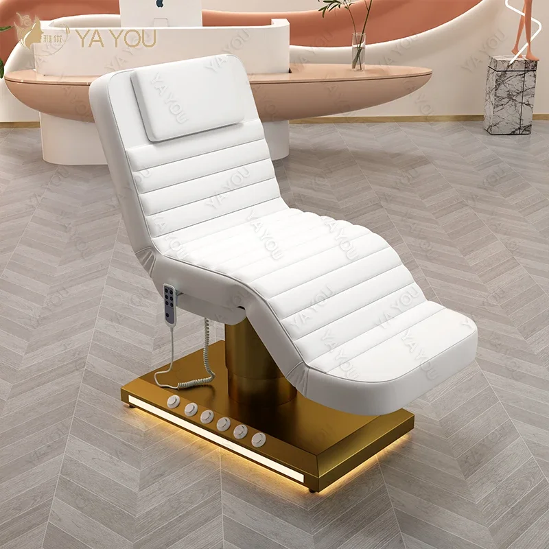 Yayou Luxury White Gold-plated Base With Foot Control Electric 3 Motor Facial Bed Beauty Massage Bed For Beauty Salon