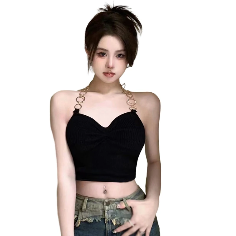 

Women's Metal Chain Neck Halter Top Summer Sleeveless Slim Neckline Backless Halter Tank Top