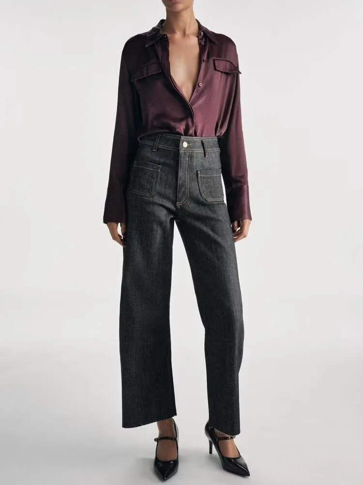 Spring New Women's High Waist Straight Leg Jeans Versatile Loose Fit Waed Effect Denim Long Pants Faionable Ladies' Jeans