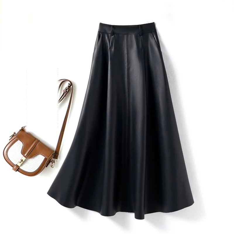 

Модная кожаная юбка-миди для женщин, осенне-зимняя новинка, с высокой талией, универсальная, простая и элитная кожаная юбка.