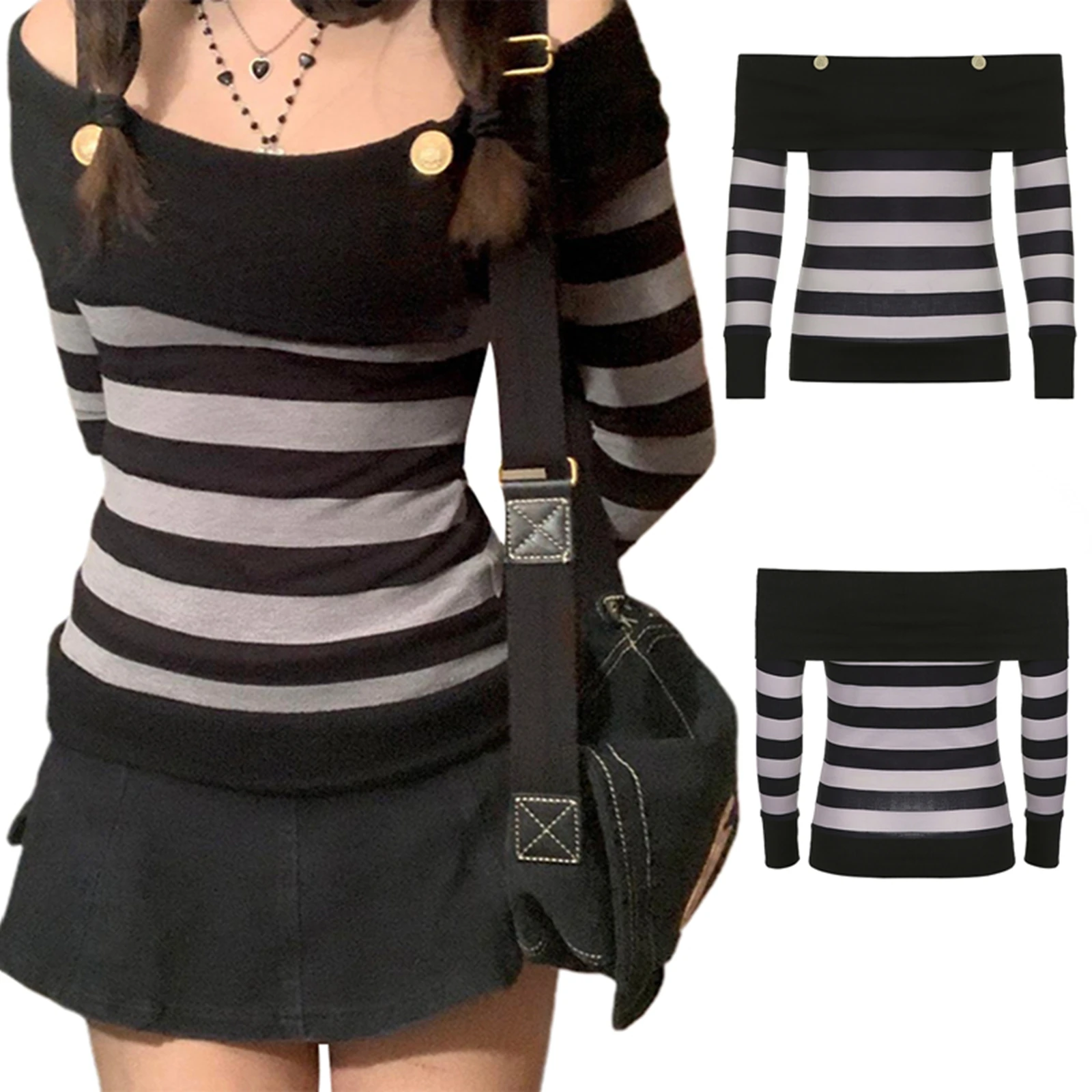 Women Casual Knitted Tops Boat Neck Long Sleeve Striped Pullover for Spring Autumn, Black image 6