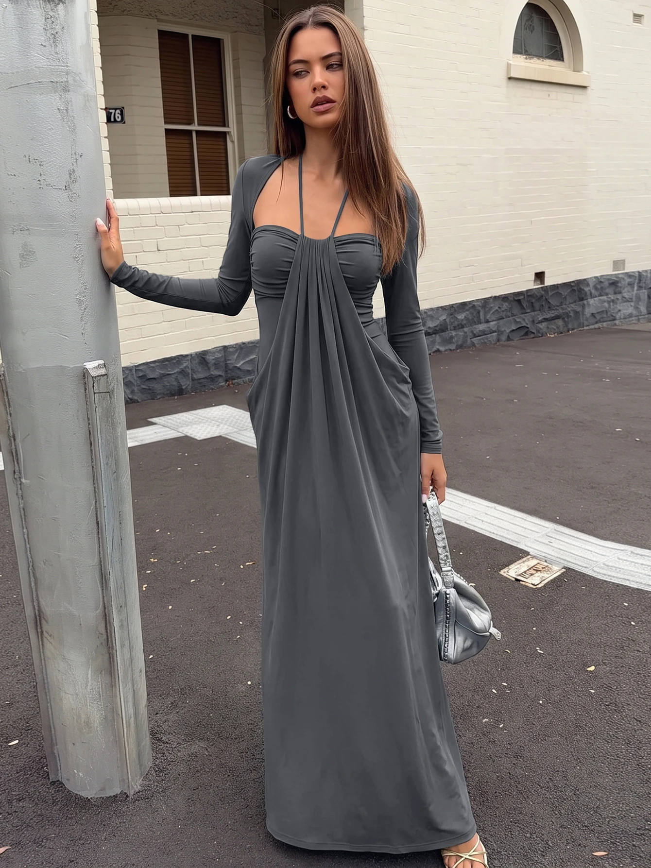 Hugcitar Fashion Halter Square Collar Ruched Long Sleeve Solid Lace Up Maxi Dress Fall Winter Women Clothes Party Vacation Club