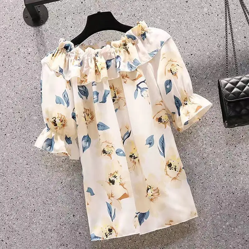 Elegant Printing Short Sleeve Shirt Tops Summer New Thin Pleated Loose All-match Fashion Blouse Vintage Office Women Clothing