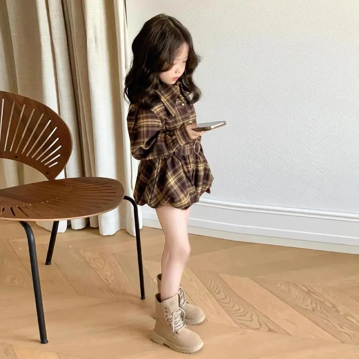 Girls Retro Hong Kong Style Set – Lapel Plaid Long Sleeve Shirt & Paperbag Shorts, Spring Autumn Casual Outfit