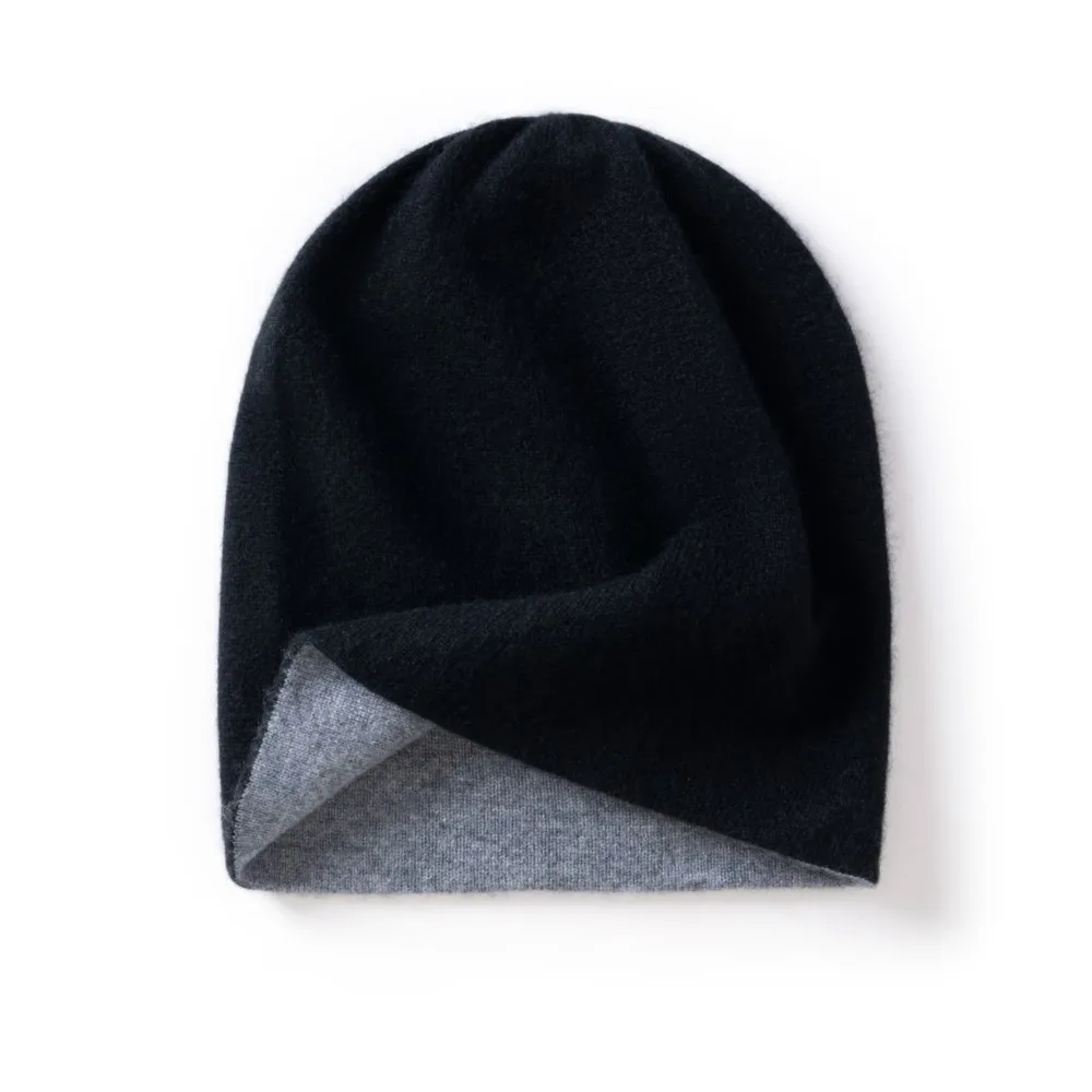 Cashmere Beanie Hat Double Layer Black Grey Women Winter Warm Soft Cozy Knit Skull Cap Daily Wear Classic Style Arrival