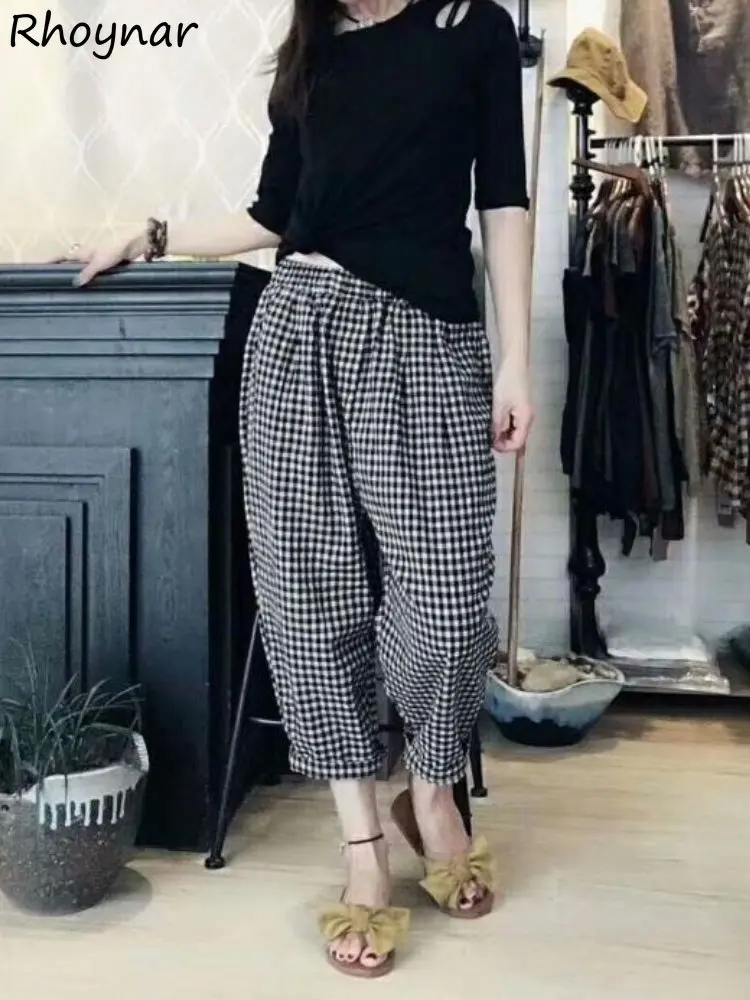 M-3XL Baggy Plaid Pants Women Harem Trousers Korean Fashion Pantalones Aesthetics Temper Vintage Elastic Waist Teens Harajuku