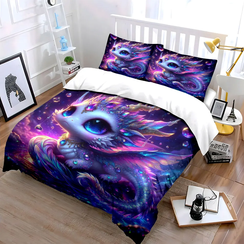 Fantasy Jewel-Toned Dragon Duvet Cover Set with 3D Print Design Soft Polyester Bedding Set All-Season Comfort Machine Washable