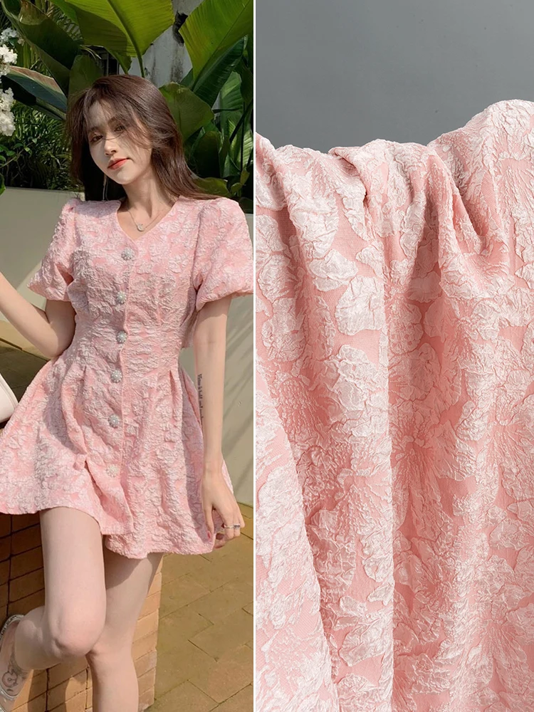 Pink Floral Relief Jacquard Texture Fabric Shirt Dress Skirt Desing Fashion Creative Apparel Design Wholesale Cloth for Sewing