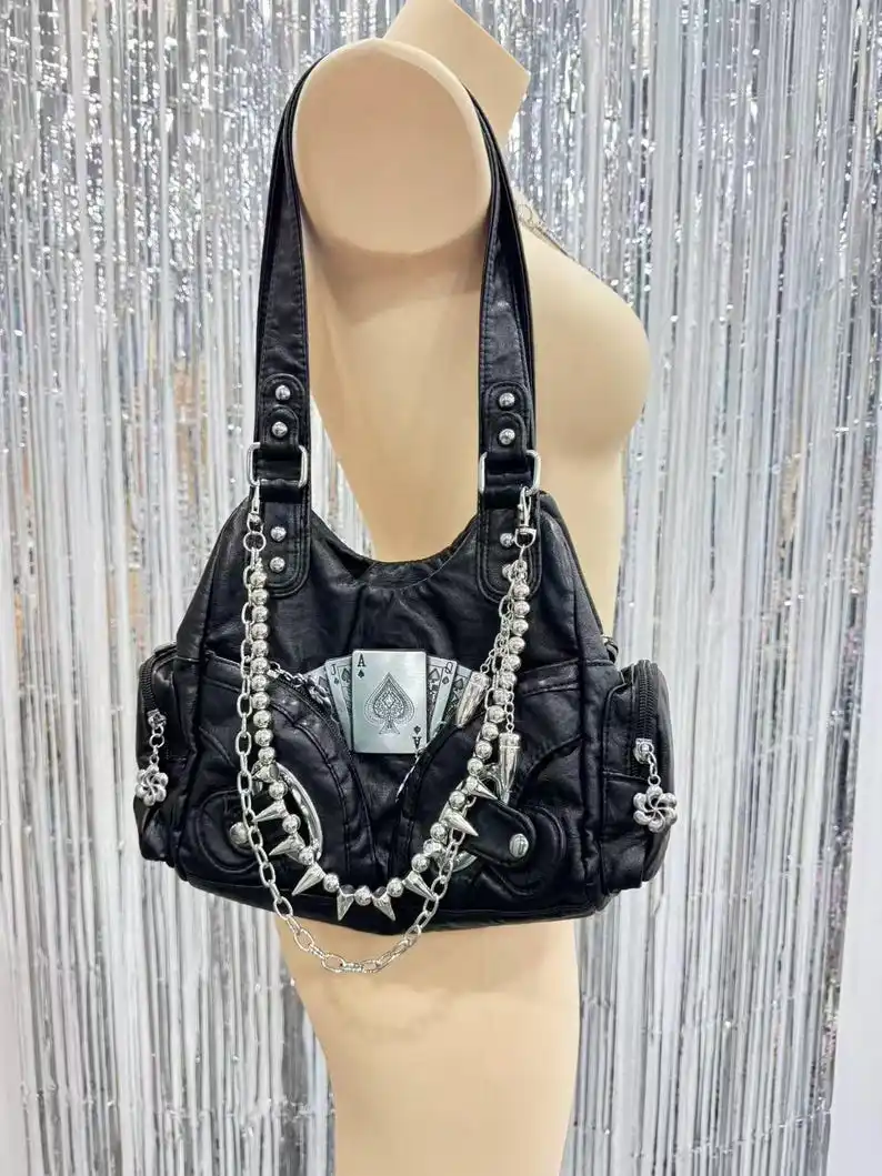 Black PU Leather Spade Studded Hobo Bag Punk Chain Shoulder Purse Motor Bag