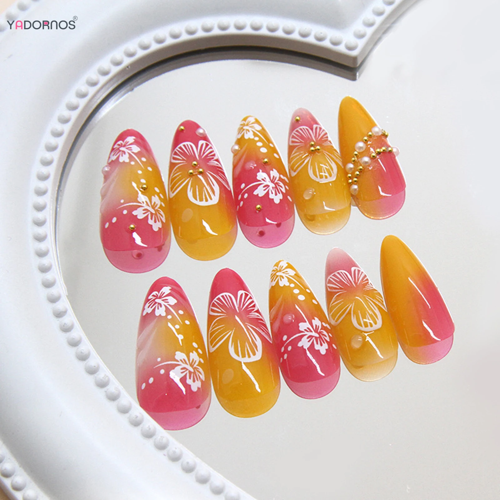 Gradient Pink Orange False Nails Tips White Flower Printed Simple Charms Manicure Wearable Press on Nails Pearls Designs 24Pcs