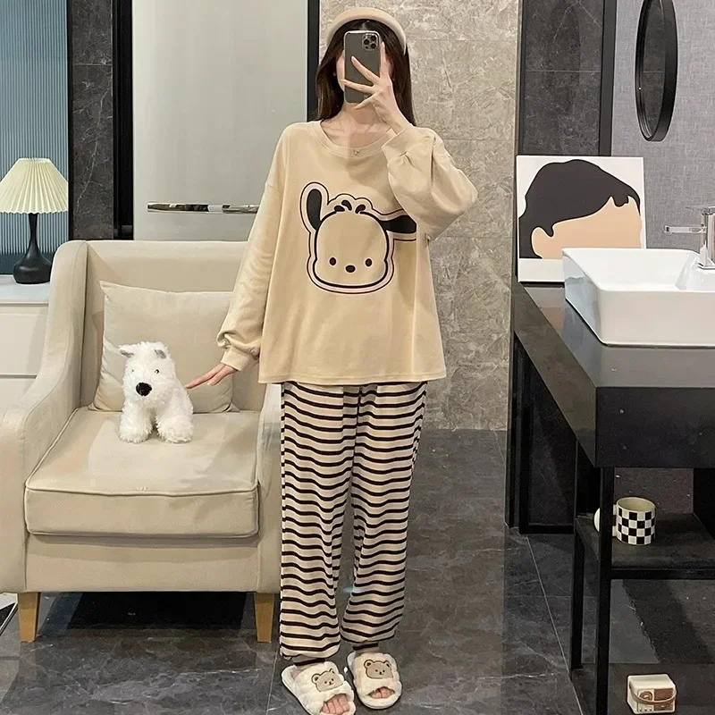

Girl Pochacco Sleepwear Autumn Spring Casual Long Sleeve Tops Pants Home Clothes Women's Sweet Cartoon Cinnamoroll Pajamas Set