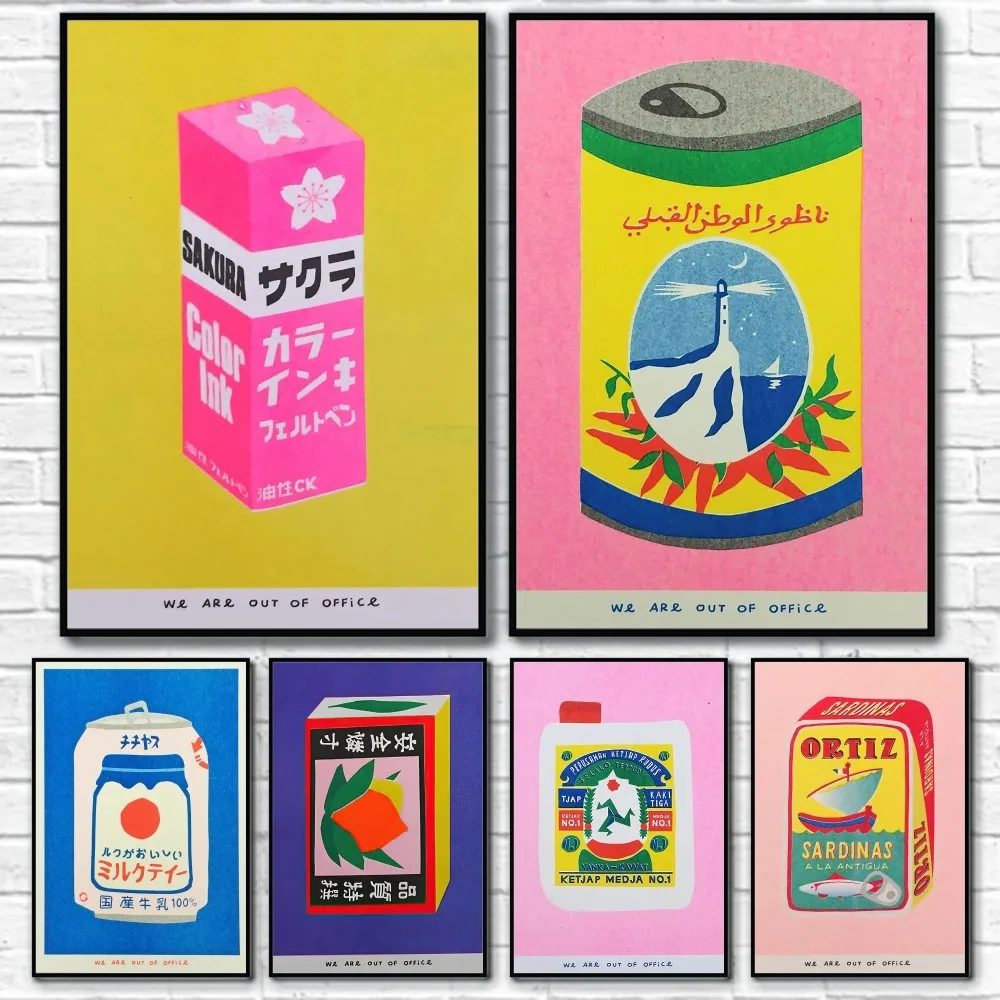 

1pc Japanese Pink Cherry Blossom Ink Can Sardine Tomato Poster Sticky Wall Art Printing Waterproof Home Living Bed Room Decor