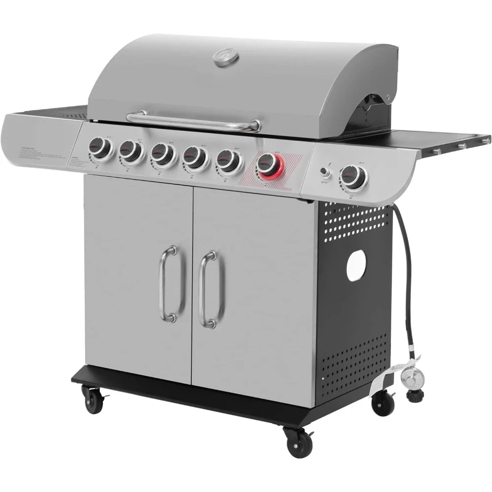 

6 BBQ Liquid Propane Grill with Sear and Side Burners, 71,000 BTU Cabinet Style Stainless Steel Gas Griller, Silver