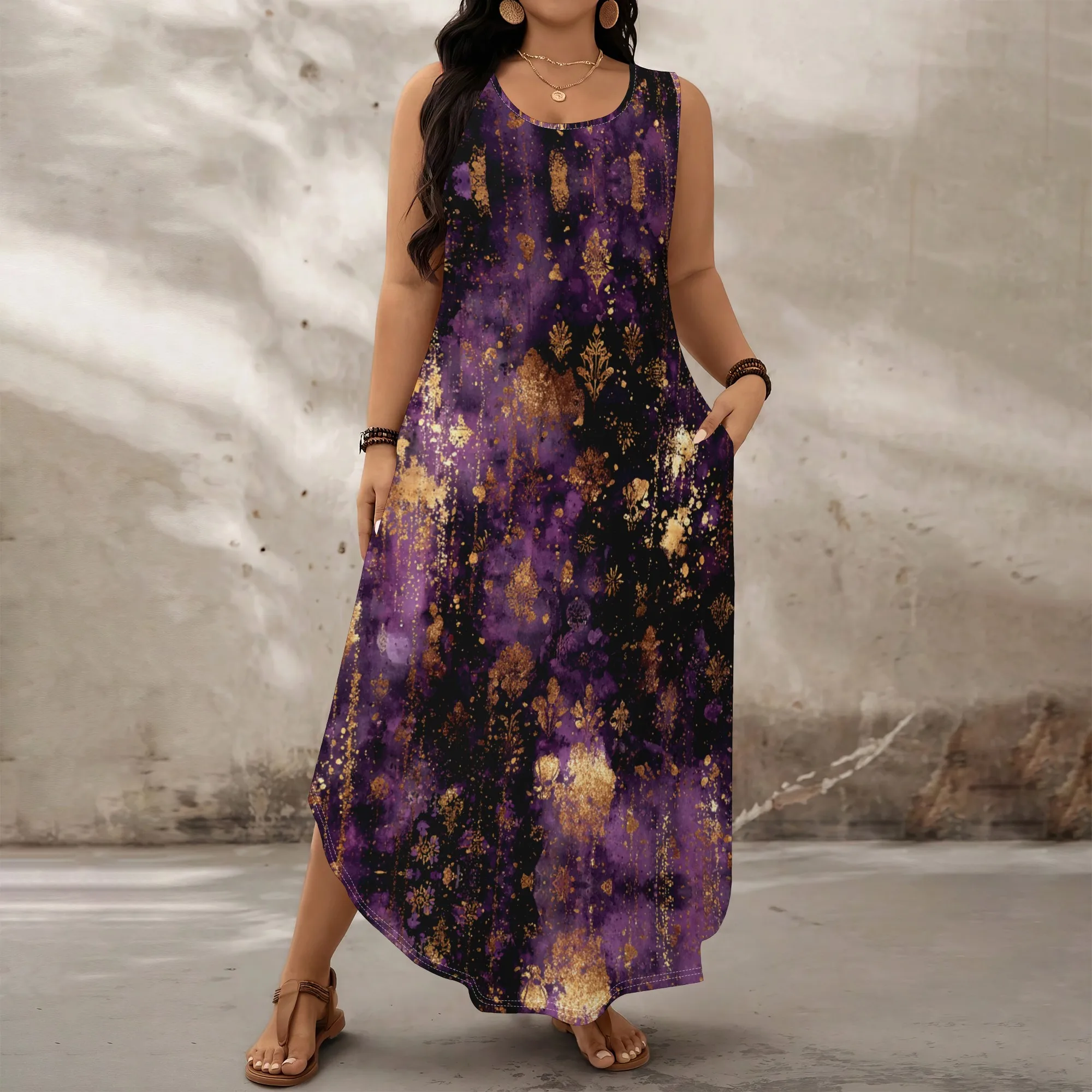 

Plus Size Women's Casual Maxi Dress Purple Gold Print Holiday Party Sleeveless Sundress XL-6XL