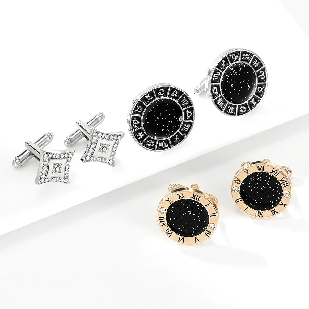 Funny the Zodiac Pattern Galaxy Mens Cufflinks Roman Numerals Space Design Golden Crystal Sleeve Button