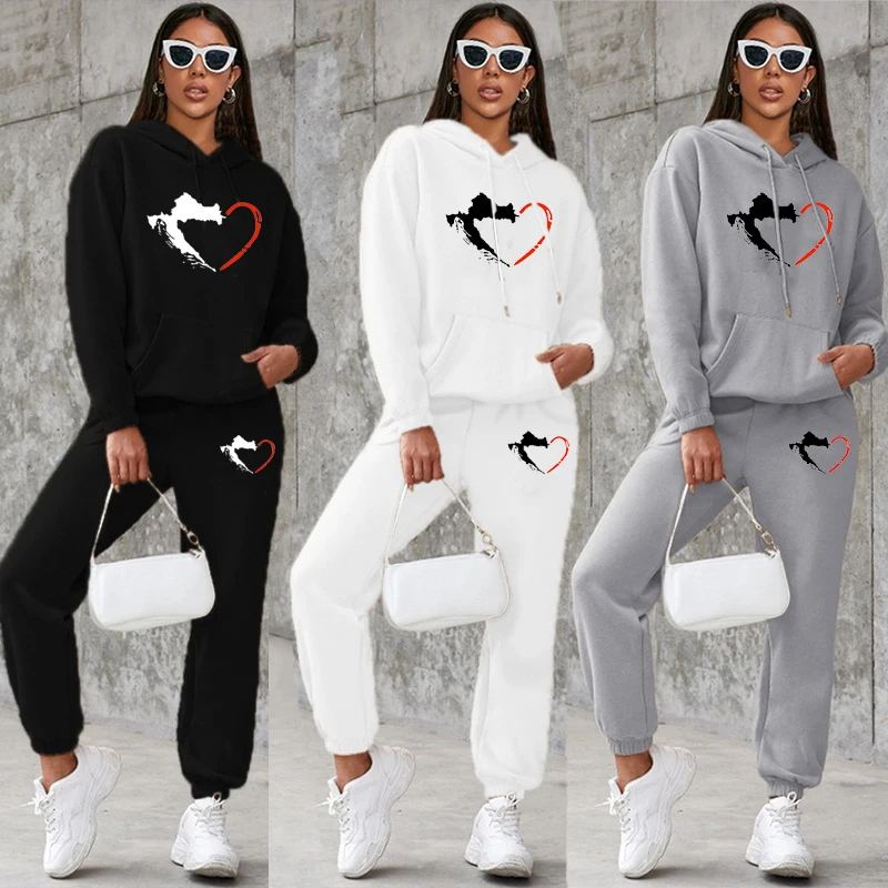 Hot Autumn Winter Womens Hoodie + Sweatpants 2-piece Sweat Suits  Hooded Jogging Sports Suits Fashion Printed Track Suits