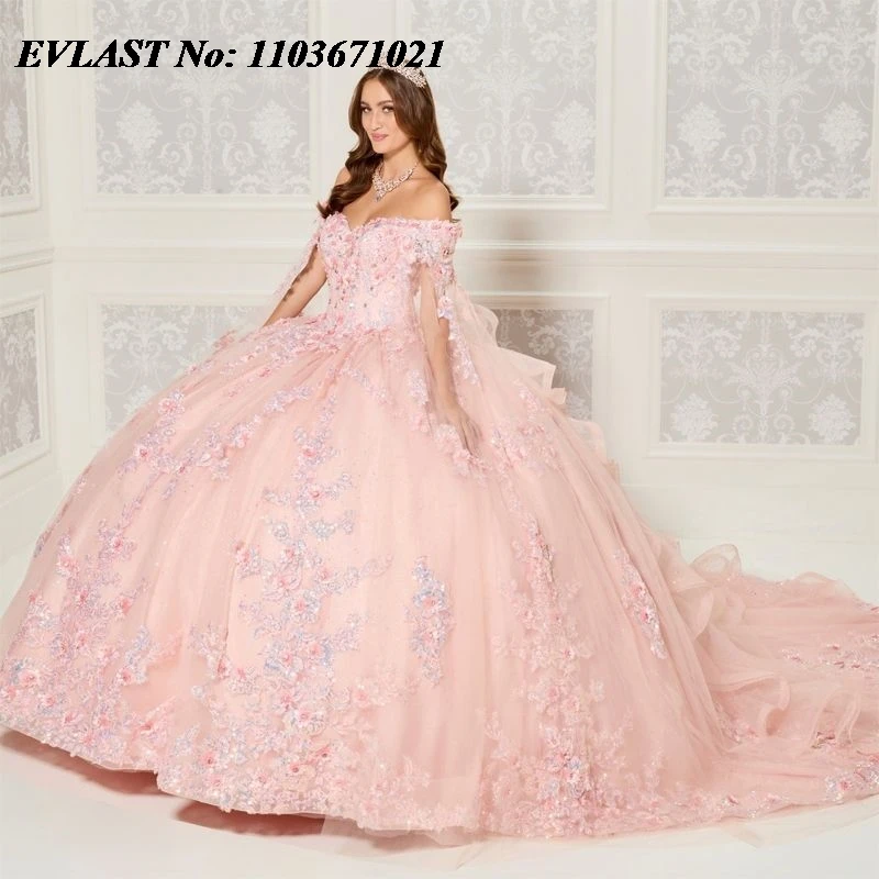 

EVLAST Mexican Pink Quinceanera Dress Ball Gown Lace Applique Beads Tiered With Cape Corset Sweet 16 Vestidos De XV 15 Anos SQ31