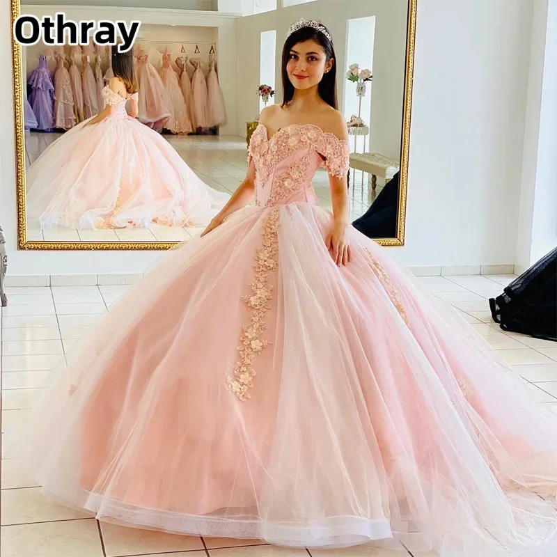 

Othray Off Shoulder Quinceanera Dress Appliques Long Tulle Sweep Train Sleeveless Ball Gown Party vestidos de 15 quinceañera