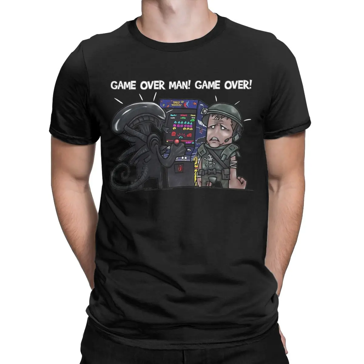 Game Over Man Alien Movie Xenomorph T Shirt for Men Pure Cotton Vintage T-Shirt Crew Neck Tees Short Sleeve Tops Graphic Printed