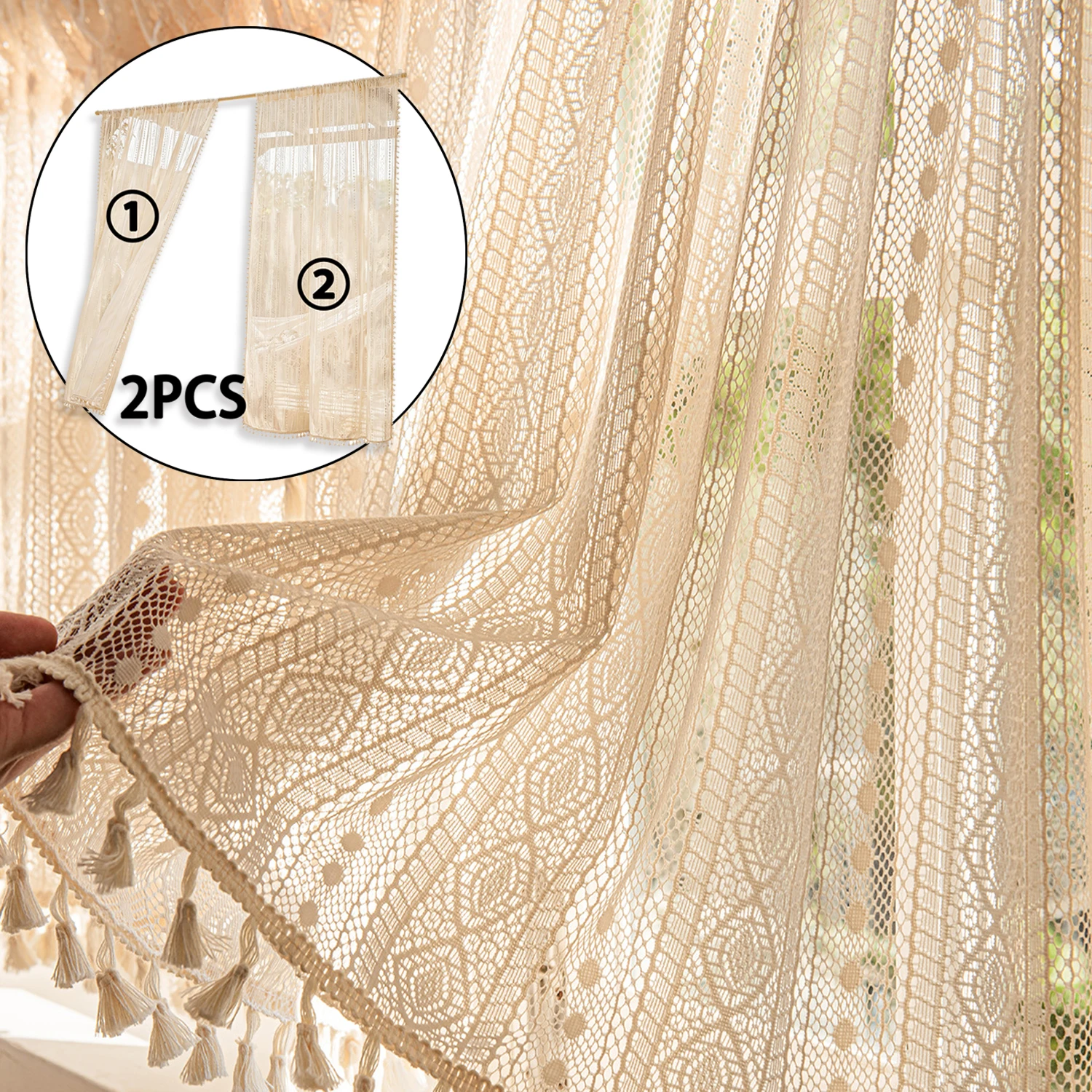 

2 Panels Flower Lace Semi-Shading Bohemian Handmade Tassels, Window Processing Retro Country Farm Curtains, Bedroom, Living Room