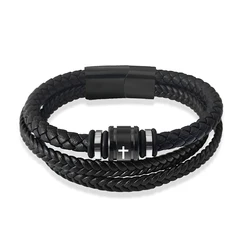 Luxury Vintage Multilayer Leather Men Cross Bracelet Stainless Steel Charm Jewelry Magnetic Clasp Male Wrist Bangle Gifts