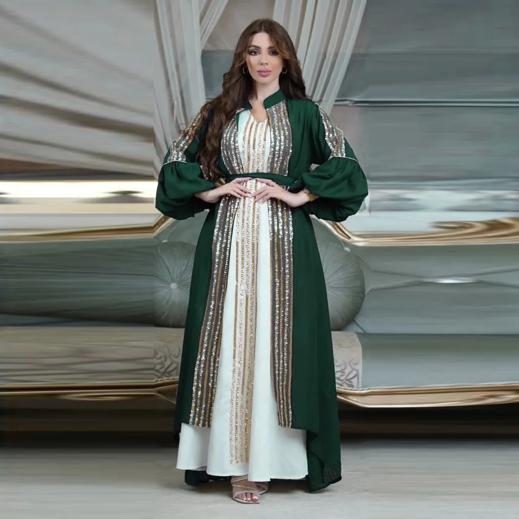 

Fashion Arab Muslim Party Long Dress Abaya Female 2 Piece Set Belt Sequins Puff Sleeve Maxi Moroccan Women Clothing Abaya Dress